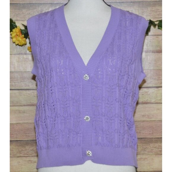 Time After Time Purple Sleeves Crochet Vest Crystal Button Front Size L Granny - Picture 2 of 11